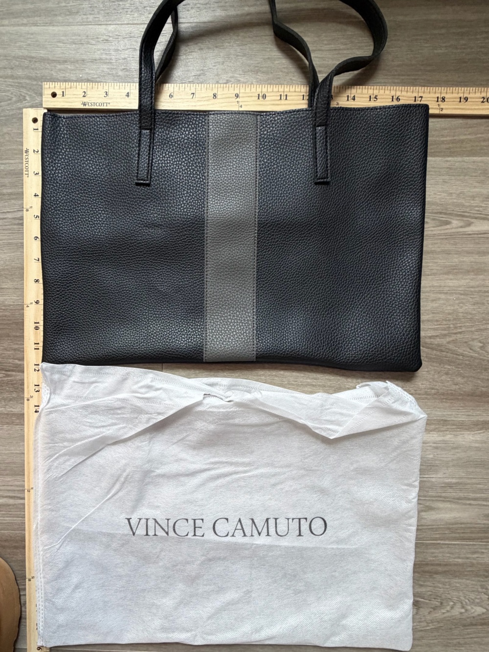 Vince Camuto Black Vegan Leather Tote with Gray Stripe